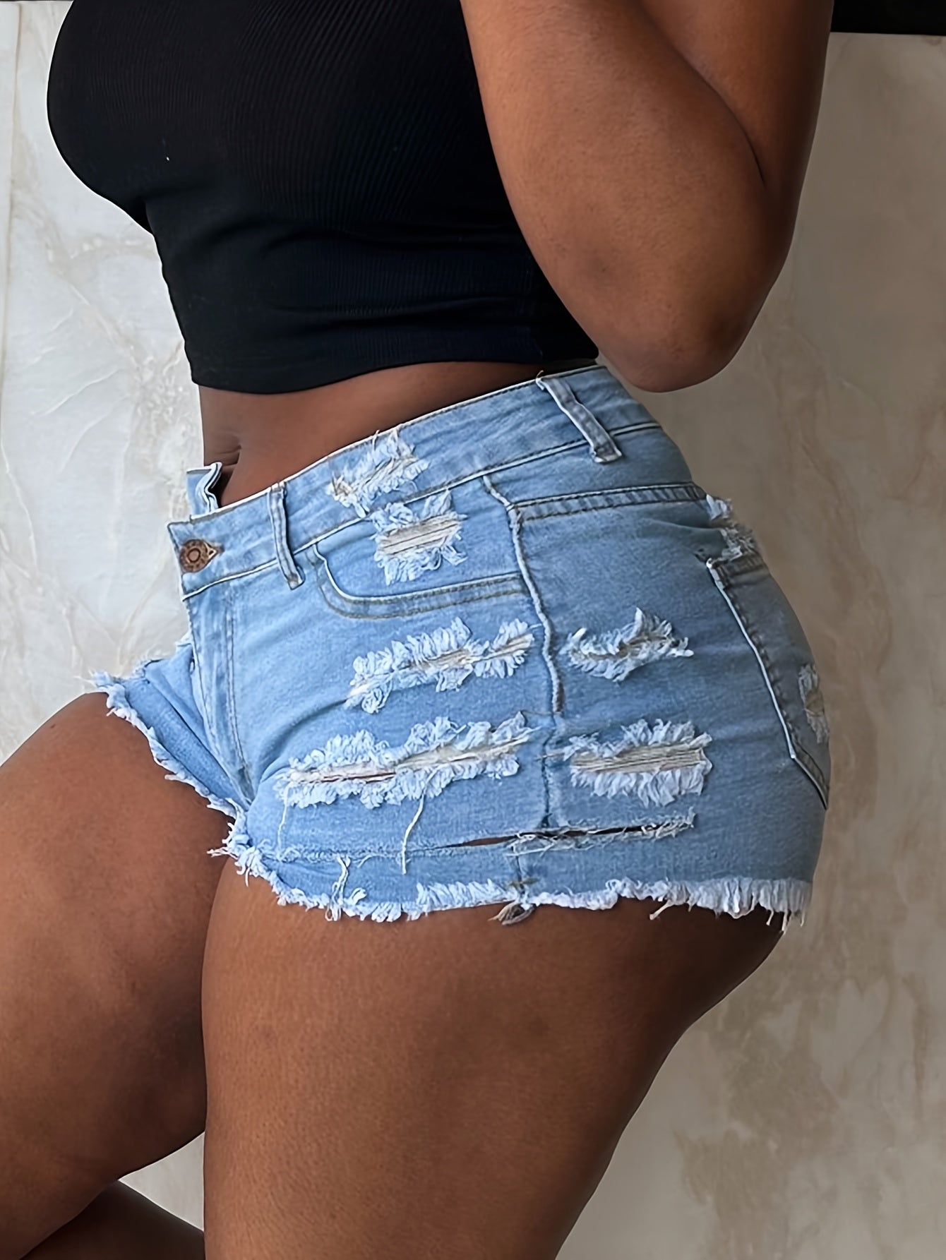 Women's Stretchy Distressed denim-like Jeans Shorts - Skinny fit Mid-Rise with Raw Hem Tears & Frayed Edges, Non-See-Through Viscose Blend for Casual Outfits, Beach Parties, Everyday Summer Wear - Machine Washable, Denim Shor