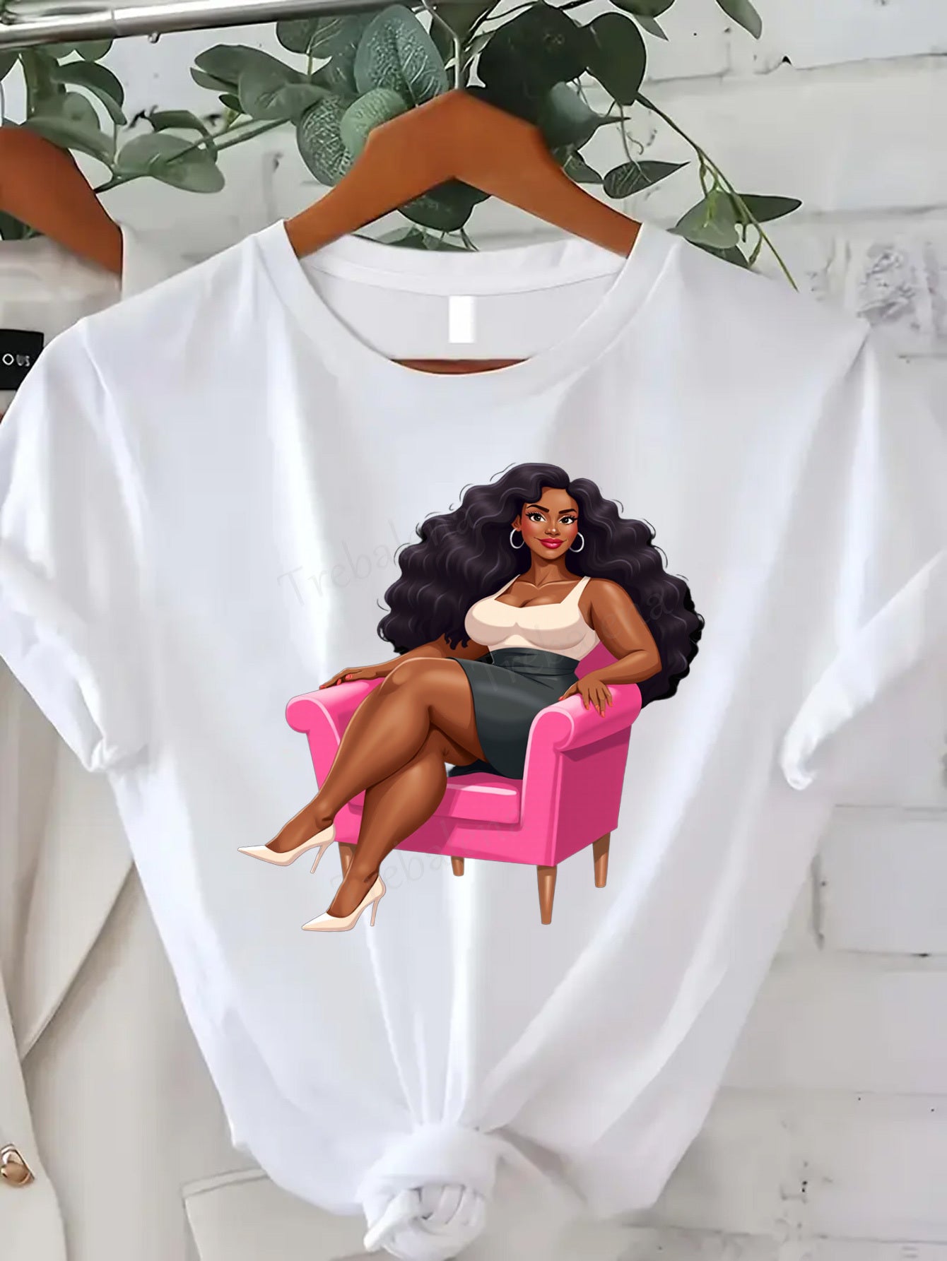 Plus Size, Trebalena Women's Plus Size Graphic T-Shirt - Sexy Curvy Lady in Pink Chair with Roses, Soft Breathable 100% Cotton Casual Everyday & Party Outfit - Perfect Halloween, Christmas, Birthday Gifts for Women - Non-See