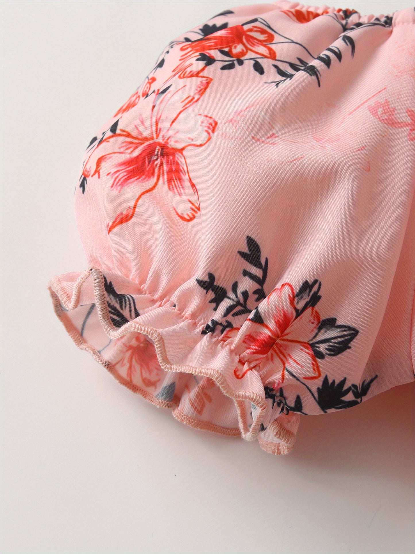 [Floral Romper] Summer Floral Print Girls' Romper Jumpsuit | Puff Sleeve, Lace-Up Belt, Machine Washable, Casual Playwear for 7 Years, Little Girls Clothes, Breathable Fabric
