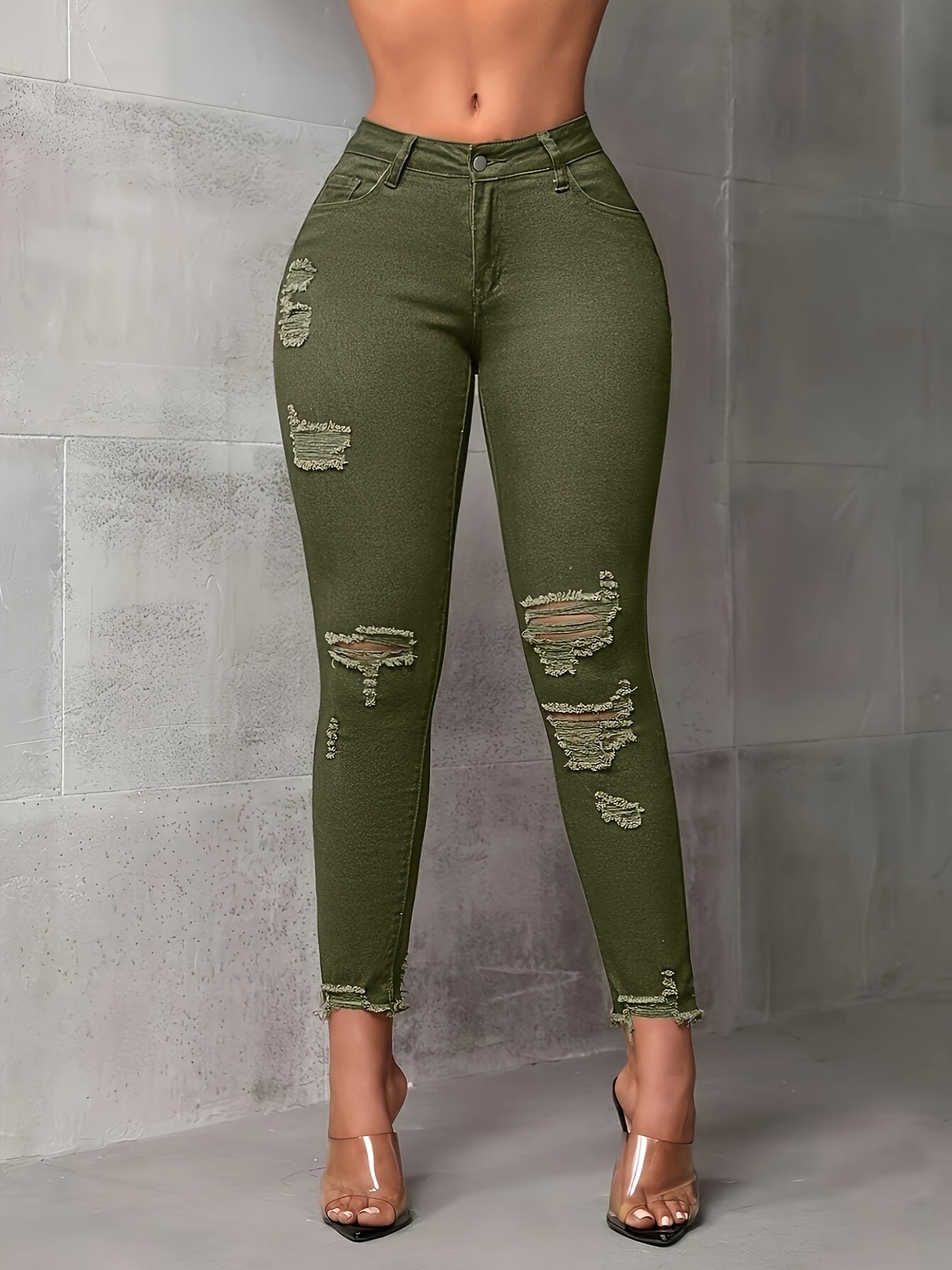Military Green High-waisted Ripped Frit Skinny Jeans, Slim And to Instantly Transform Into Long Legs, Fashionable And Versatile Casual Skinny Jeans, Women's Skinny Jeans