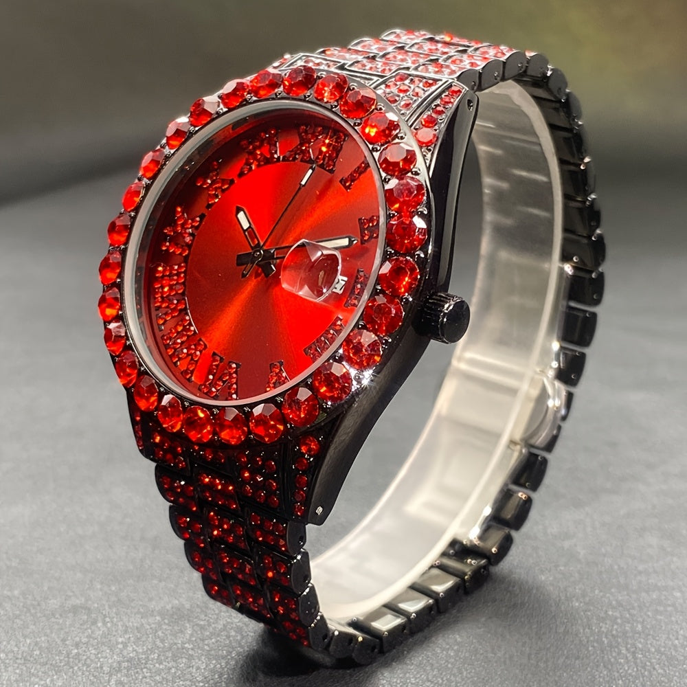Luxury Ice Blue Rhinestone Quartz Watch for Men & Women - Sparkling Rhinestone-Encrusted Dial, Alloy Case & Band, Date Calendar Display, Battery-Powered Round Party Watch for Mardi Gras, Ramadan, Spring Festival Gifts, Bling