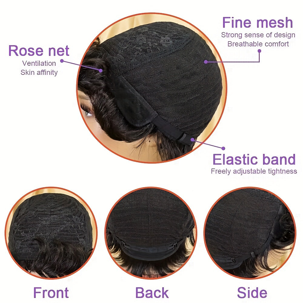 Brazilian Human Hair Wig Pixie Cut Short with Bangs - 180% Density Rose Net Cap Machine-Woven Wig for Women, Natural Straight Hair, Elegant Style, Fit All Ethnicities, Short Hair Wig, Versatile Hairpiece, Chic Hairpiece