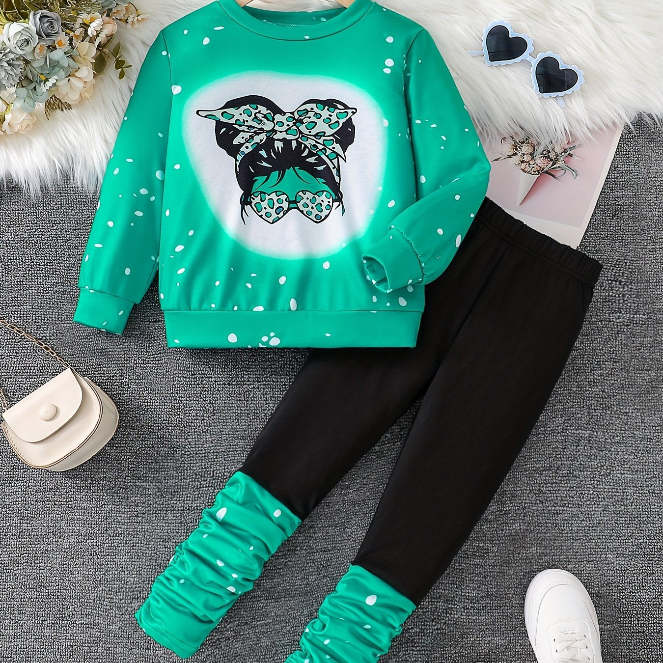 2pcs, Girl's Comfy Soft Long Sleeves Cartoon Girl with Fashion Glasses Graphic Print Sweatshirt & Long Pants Co Ord Set for Outdoors, Fall & Winter Best Choice, As Gifts, Ribbed Cuffs, Elastic Waist, Street Fashion, Perfect f