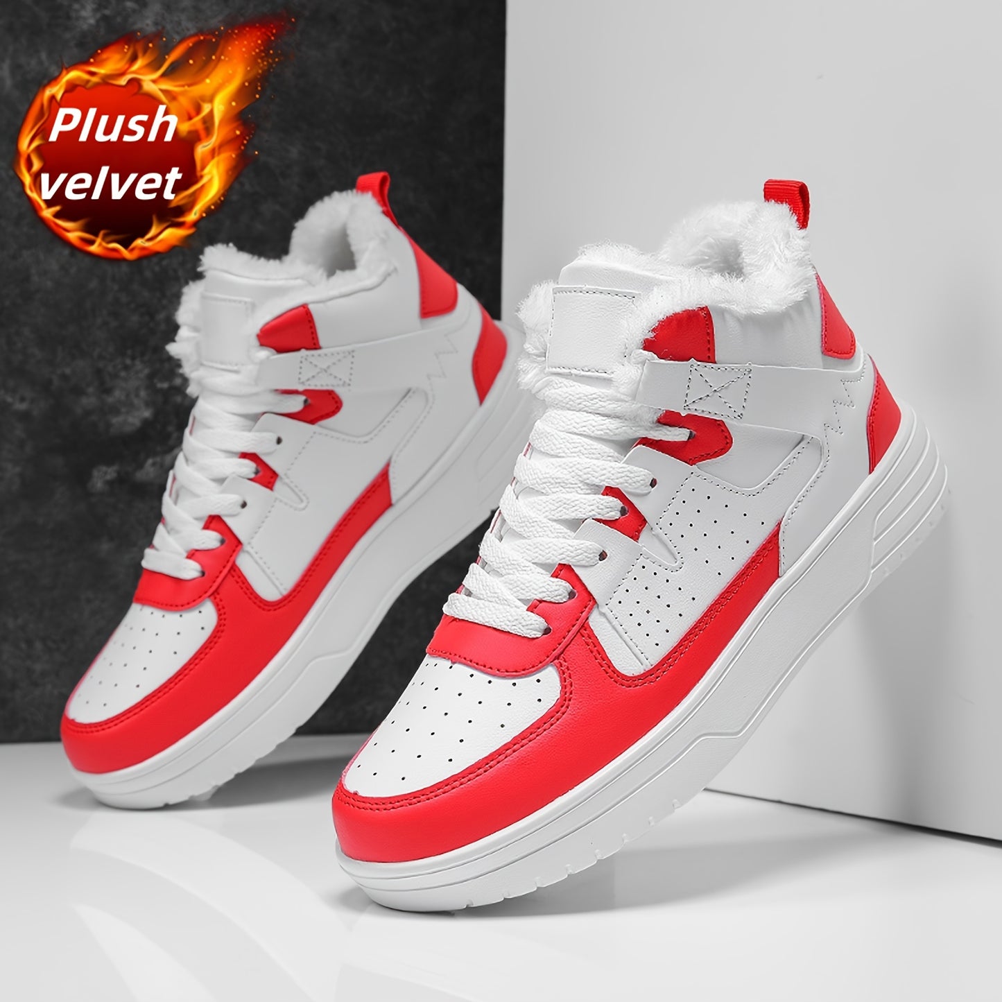 WANWEISI Men's Winter High-Top Thick-Sole Sneakers with Plush Fleece Lining - Heavy-Duty & MD Sole, Lace-Up Winter Boots for Hiking, Outdoor, Casual & Casual Attire - Warm Thermal Insulation, Cushioned Comfort, White/Black/Re