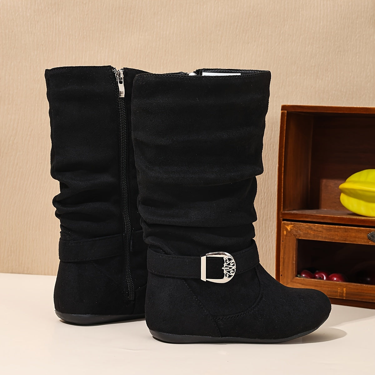 Ruffled Boot Cuffs with Decorative Buckle & Tassel, Flatter Round Toe Zipper Closure, Comfortable Fabric Lining, Casual Everyday Schoolgirl Boots for Girls - All-Season Versatile Mid-Calf (14 & Under)