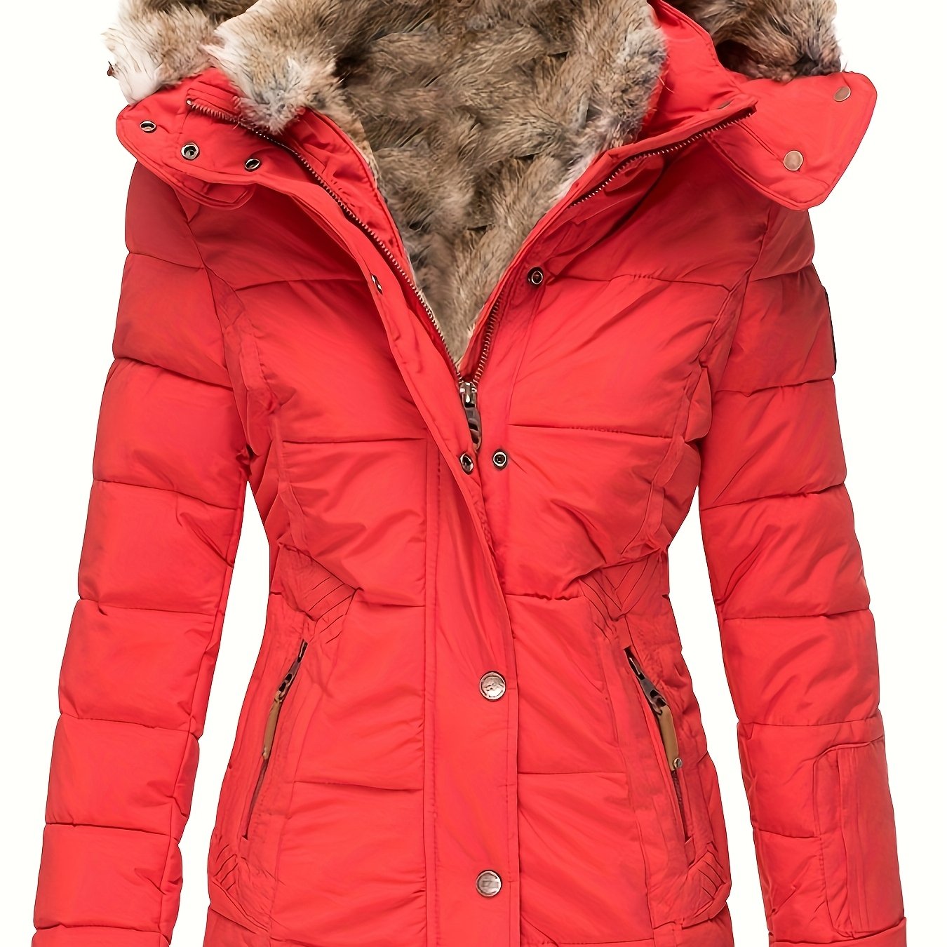 Plus Size - Women'S Winter Warm Hooded Coat with Luxurious Fur Collar & Full-Zip Closure - Slim-Fit Long Sleeve Jacket, Plus Size Cold-Weather Outerwear, /Navy, Casual to Formal Outfits, Non-Stretch Fabric, Easy On/Off Zipper