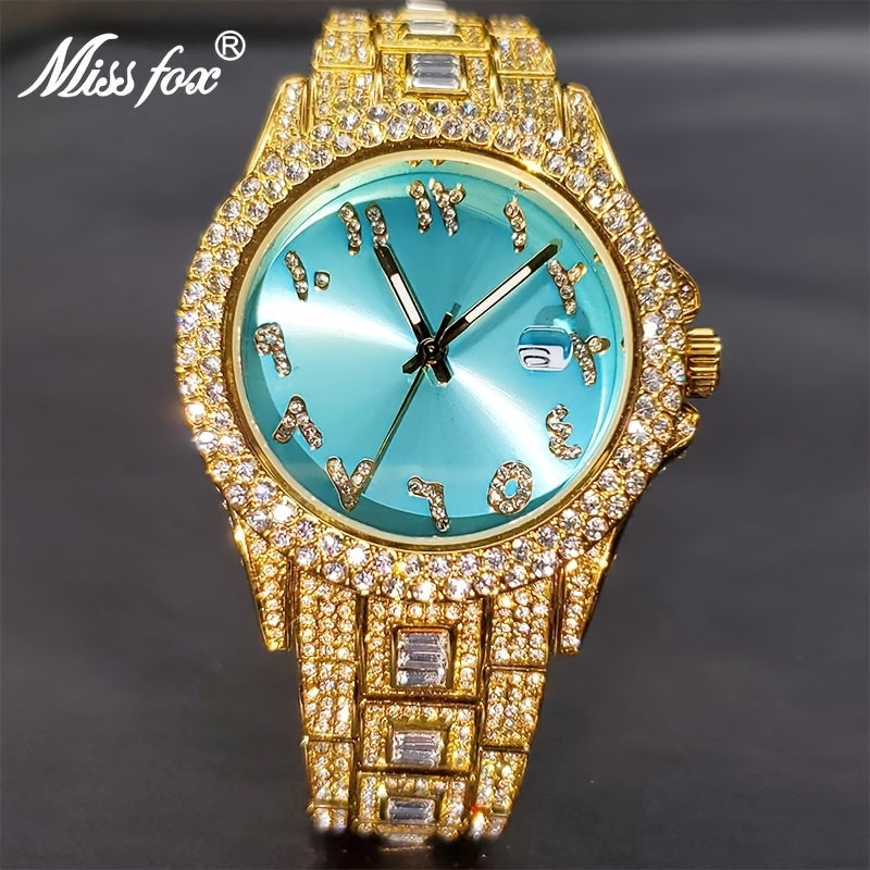 [MISSFOX Quartz Watch] MISSFOX Fashion Brand Unisex Quartz Watch | Street Hip Hop Style, Shining Water Rhinestone Time Meter, Wedding Party Jewelry, New Product Airdrop