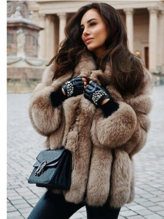 Plus Size - Plus Size, Women'S Large Size Elegant Imitation Fox Fur Coat - Plush Soft Long Winter Coat with Collar, Solid Color (/Brown/Tan) | Warm Winter Outerwear, Luxurious Fur Jacket for Fall & Winter | Durable & Easy-Car