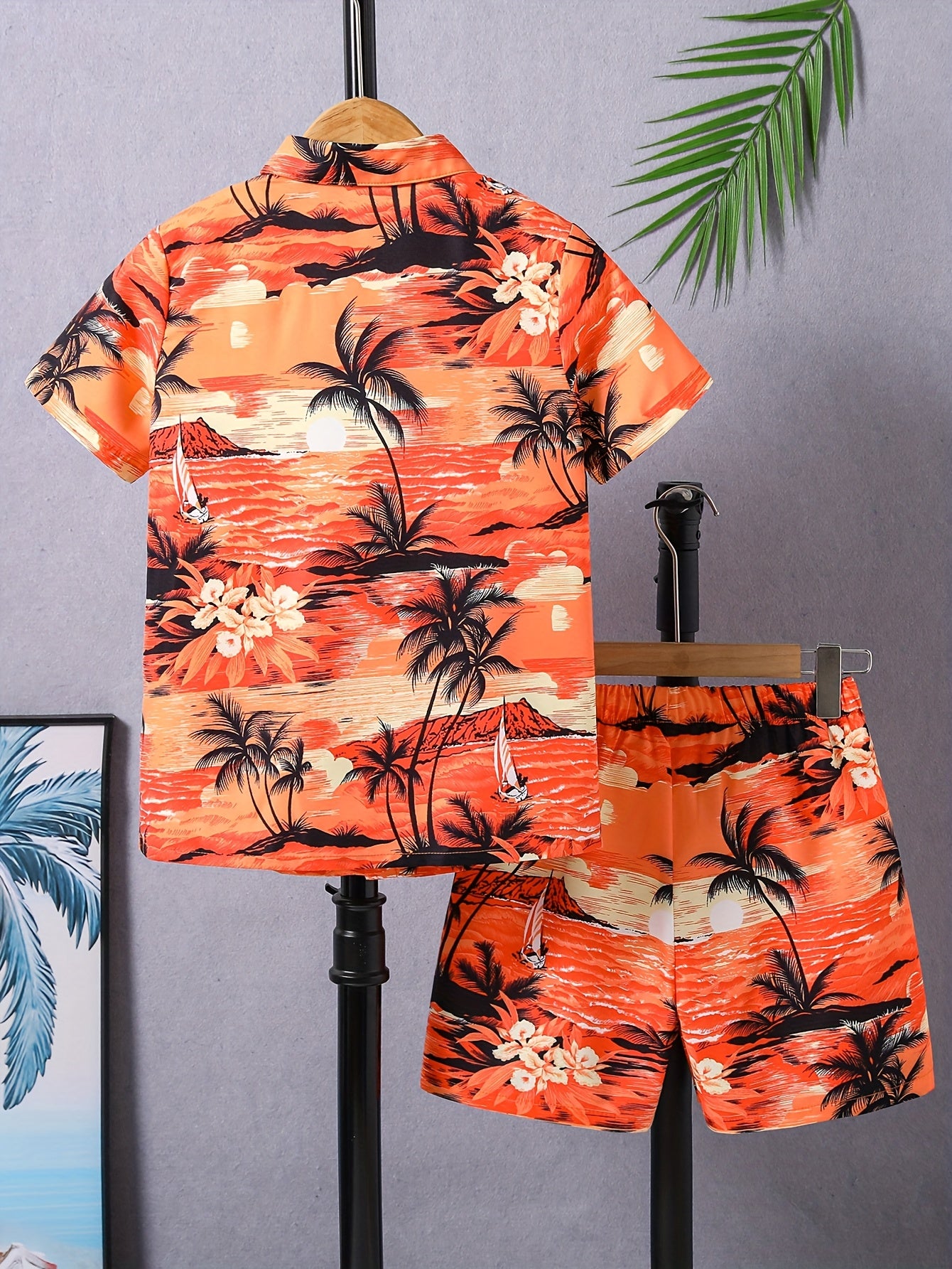2-Pack (Set) Boys Sunset Coconut Tree Pattern Print Short Sleeve Lapel Shirt And Shorts Set, Comfortable Summer Boys Daily And Outdoor Wear, for Outdoor