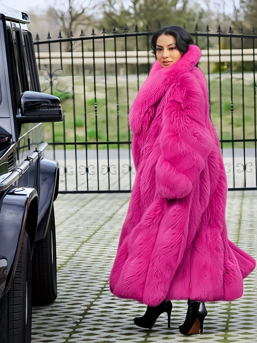 Plus Size - Plus Size Long Faux Rabbit Coat for Women | Stylish and Casual with Elegant Vibe, Non-Stretch Fabric, Lapel Collar, Solid Color, Regular Sleeve, Long Length, Fall/Winter Season