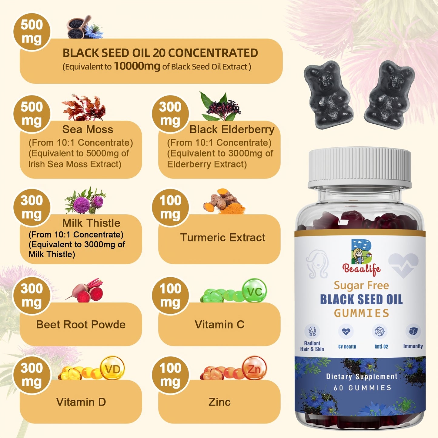 [Black Seed Oil Gummies Plus] Multi-Nutrient Black Seed Oil Gummies - With Sea Moss, Ashwagandha Extract, Elderberry, Turmeric, Vitamin C, Vitamin D, Zinc, Beet Root Powder