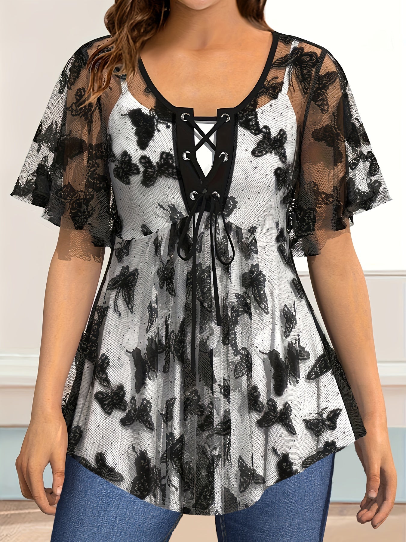 Plus Size Elegant Lace Up Butterfly Pattern Short Sleeve Top, Women's Clothing