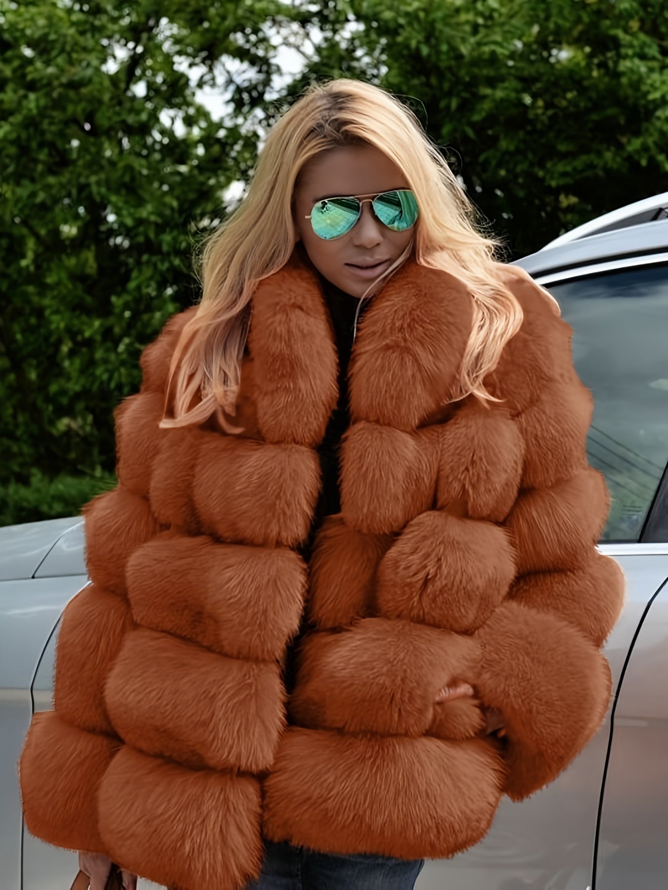 Plus Size, Women's Large Size Thickened Loose Temperament Commuting Solid Color Imitation Rabbit Fur Coat Casual Jacket
