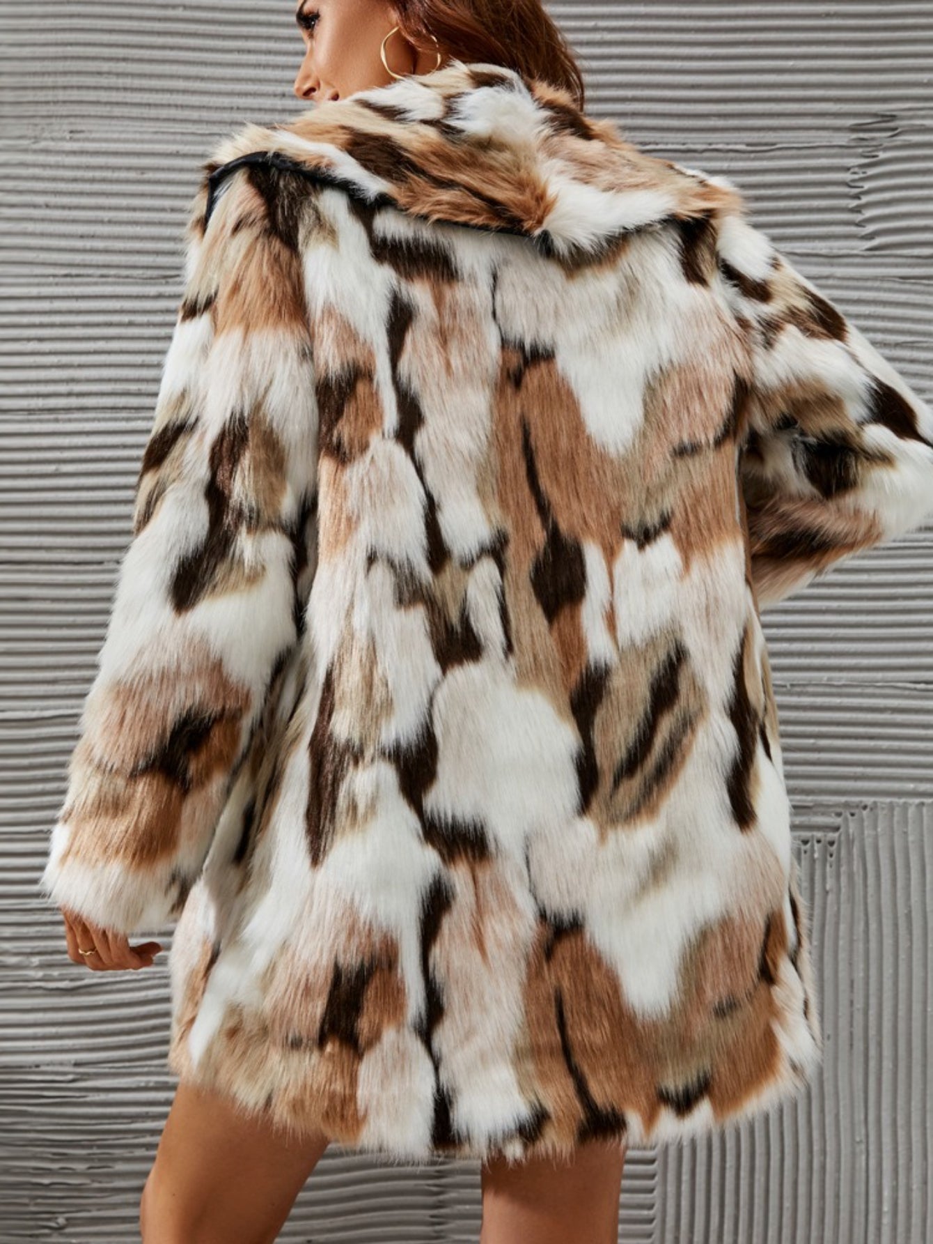 HERTALK Plush Faux Fur Coat - Mid-Length Winter Jacket with Collar & -like Sleeve Trim, White/Beige/Brown/Tan/ - Hand Washable Outerwear for Parties,, Casual (No Belt, H-Line Silhouette)