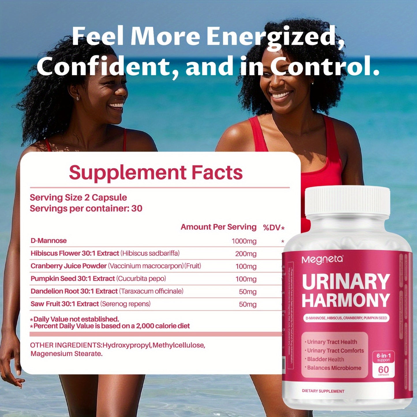Megneta D-Mannose, Urinary Tract & Bladder Health with Cranberry, Hibiscus Flower & Dandelion, Urinary Tract Health for Women, Cleanse and Flush Impurities, UTI Supplement, 60 Capsules