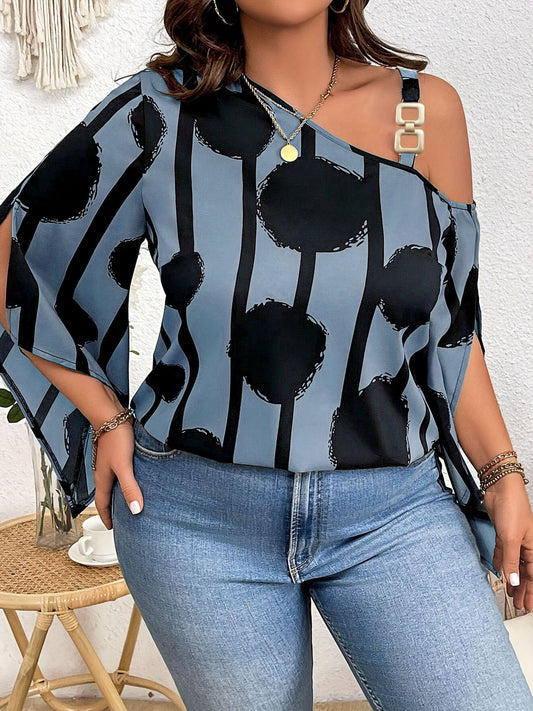 Print Plus Size Off-Shoulder Blouse with 3/4 Sleeves - Chic Abstract Print, Lightweight Polyester, Perfect for Summer Vacations & Casual Outings