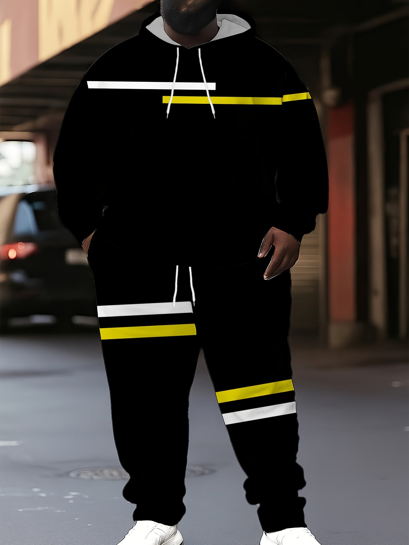 Men's Plus Size 6XL Full-Body Black Striped Matching Tracksuit - 2pcs Oversized Hoodie & Sweatpants Set, Breathable Machine-Washable Fabric for Gym,, Lounge & Casual Wear - Matching Outfit for Big & Tall Men (Comfortable), PL