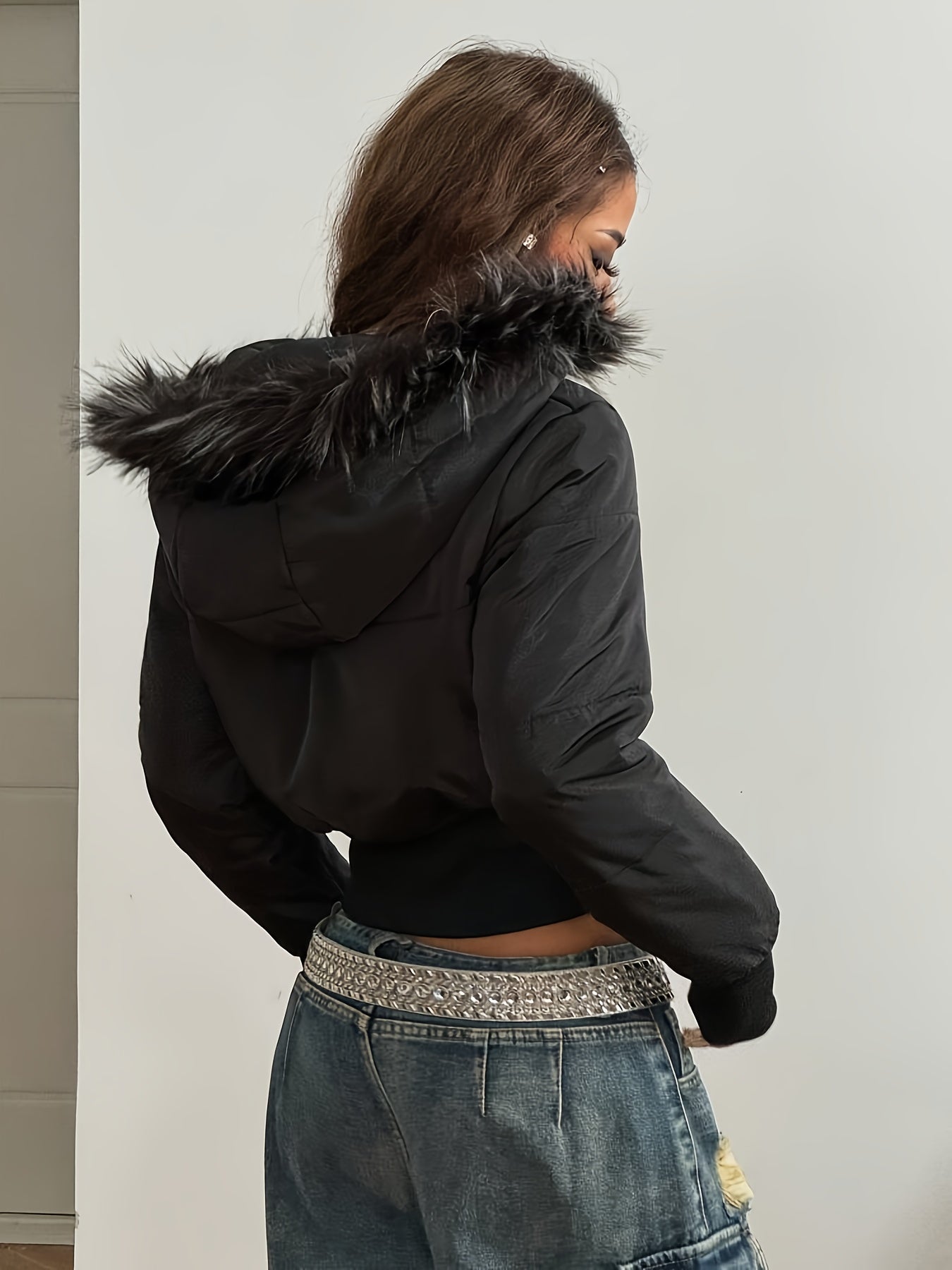 Women'S Winter Quilted Jacket - Cozy Long Sleeve Zip-Up Coat with Plush Faux Fur Trim, Black Casual Streetwear Outerwear, Warm Winter Coat for Cold Weather