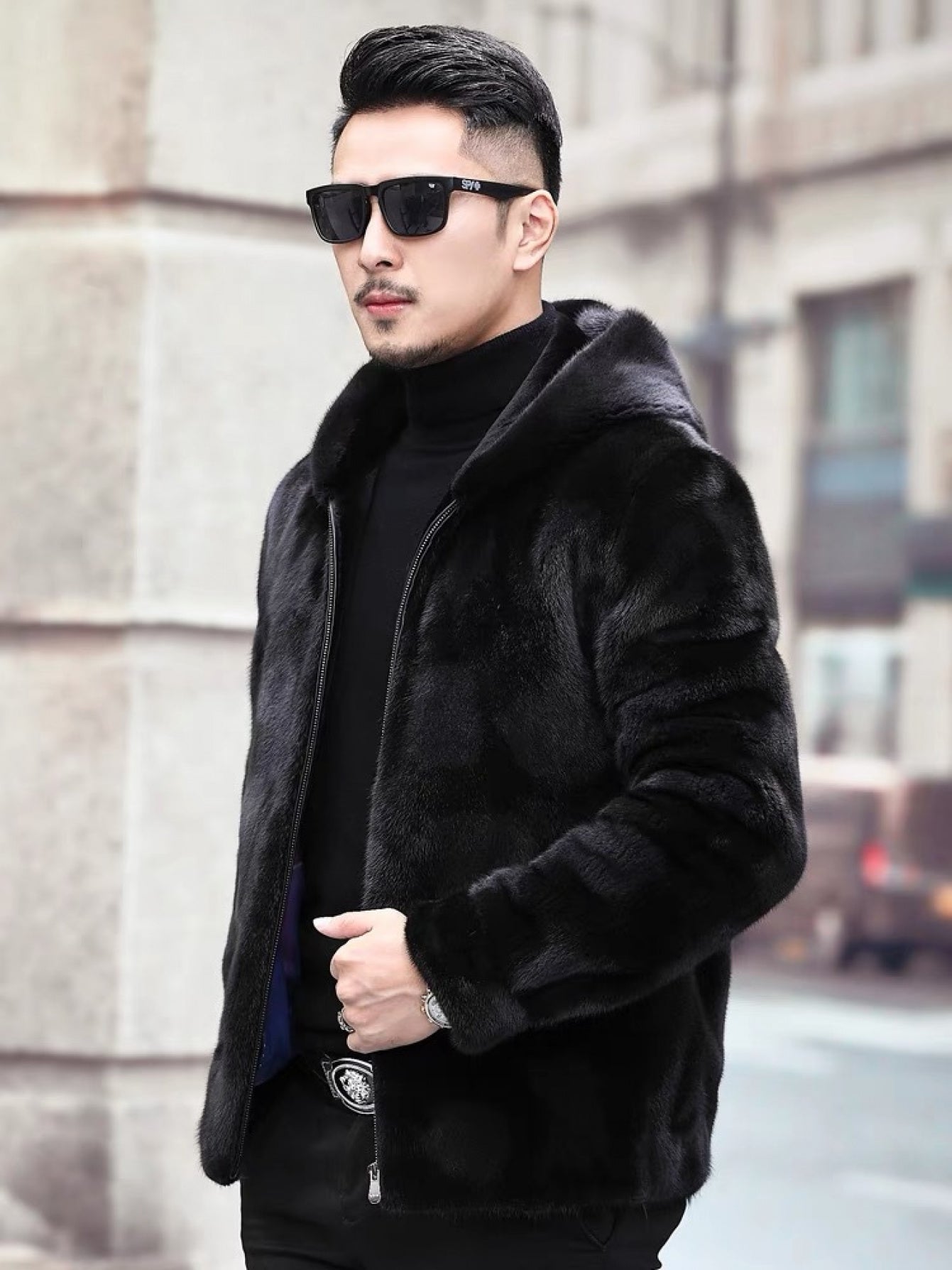 Men's Genuine Mink Fur Coat - Thickened Winter Jacket with Hood, Large Size Full-Length Collar &, Zipper Closure, Machine Washable - Luxurious Cold Weather Outerwear (Casual & Formal) - Faux Fur Jacket for Men