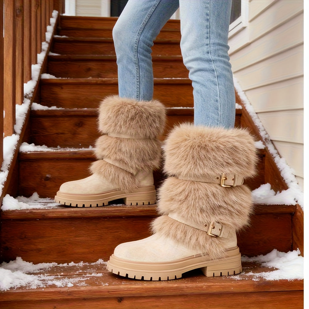 faux fur Mid-Calf Snow Boots for Women | Round Toe Platform Heel, Non-slip Pull On, Warm Shoes with Buckle Decor, Fluffy Furry, Comfortable Fashion Luxury Outfit, Outdoor Winter Booties Woman