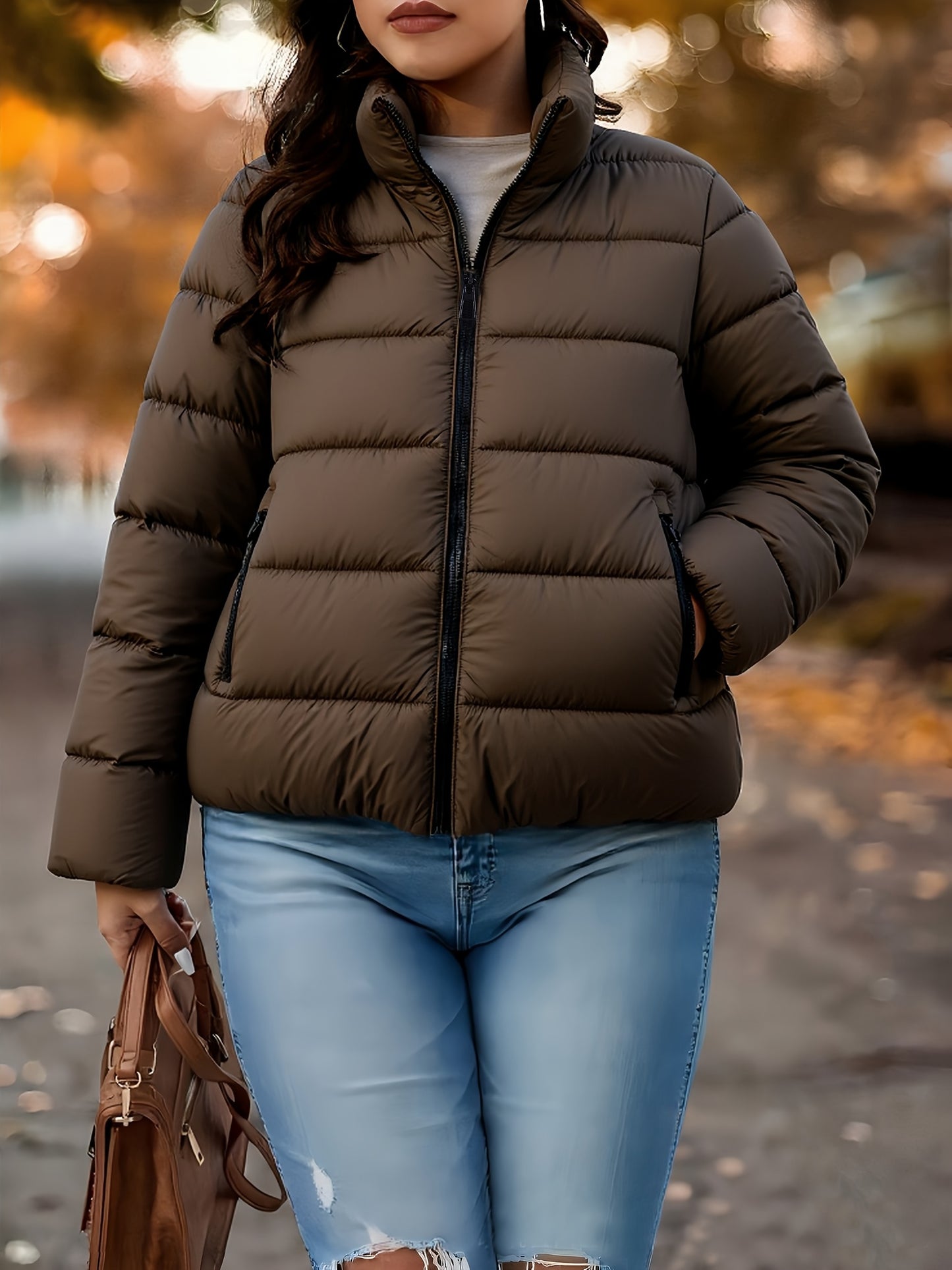 Women's Elegant Winter Warm Full-Zip Jacket with Full-Zip Front Closure, A-Line Silhouette & Stand Collar - Beige/White Coat with Full-Length Zipper, Machine Washable Outerwear for Casual & Formal Events - Cozy Winter Outer J