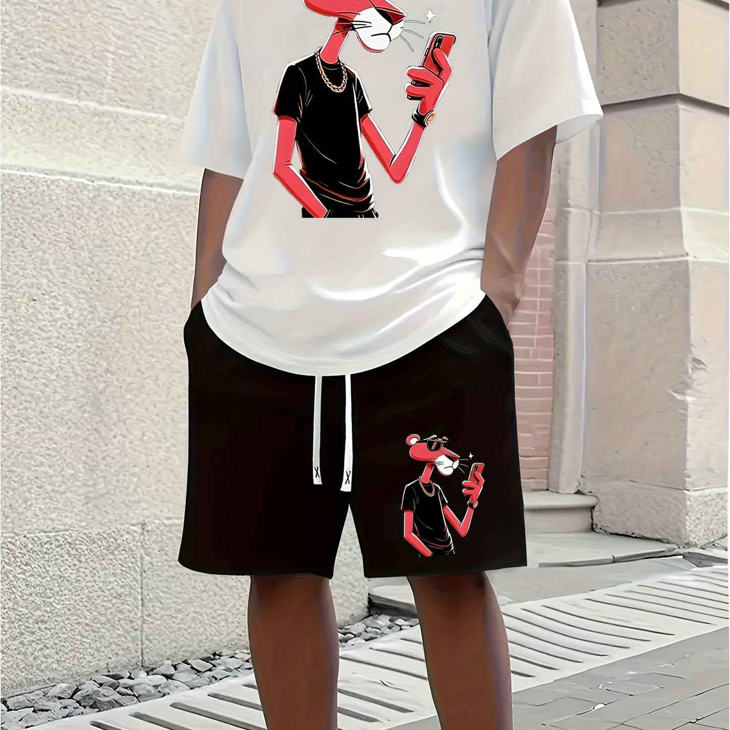 A Casual Sports Set Consisting of a Short-Sleeve T-Shirt Featuring a Stylish Pink Panther Cartoon Print And Fitted Shorts, Perfect for Spring And Summer Outfits.