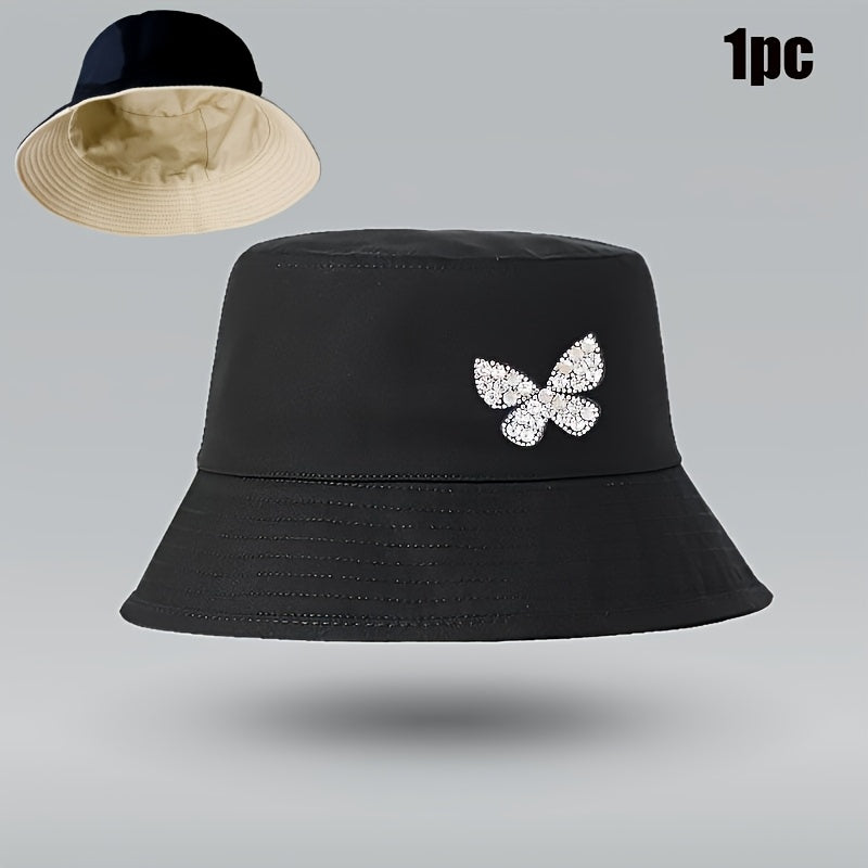 A Stylish And Versatile Bucket Hat Adorned with Rhinestone Butterflies, Lightweight And Washable - Perfect for Outdoor Female Travel, Everyday Wear, And Street Style