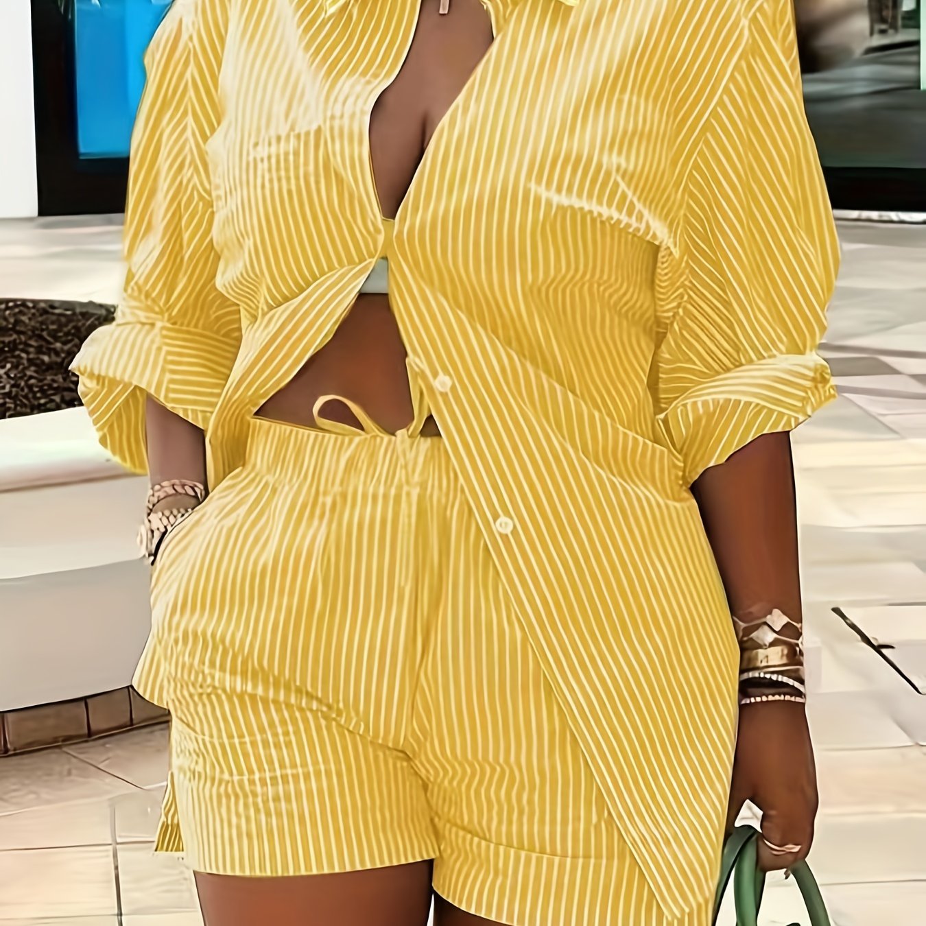 Plus Size Women's Chic Striped Print Two-Piece Set-Long Sleeve Button Shirt and Elastic Waist Shorts with Pockets, Perfect for Spring and Summer Fashion Casual Outings