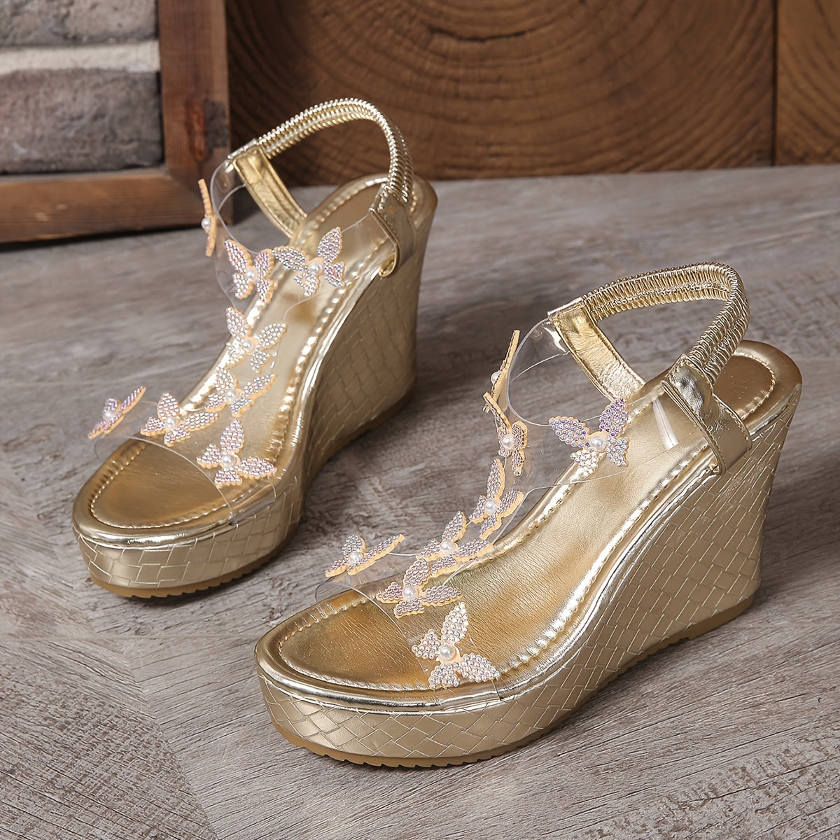 Women's Fashion Straight With Rhinestone Butterfly Transparent Sandals Versatile High-heeled Wedge Sandals
