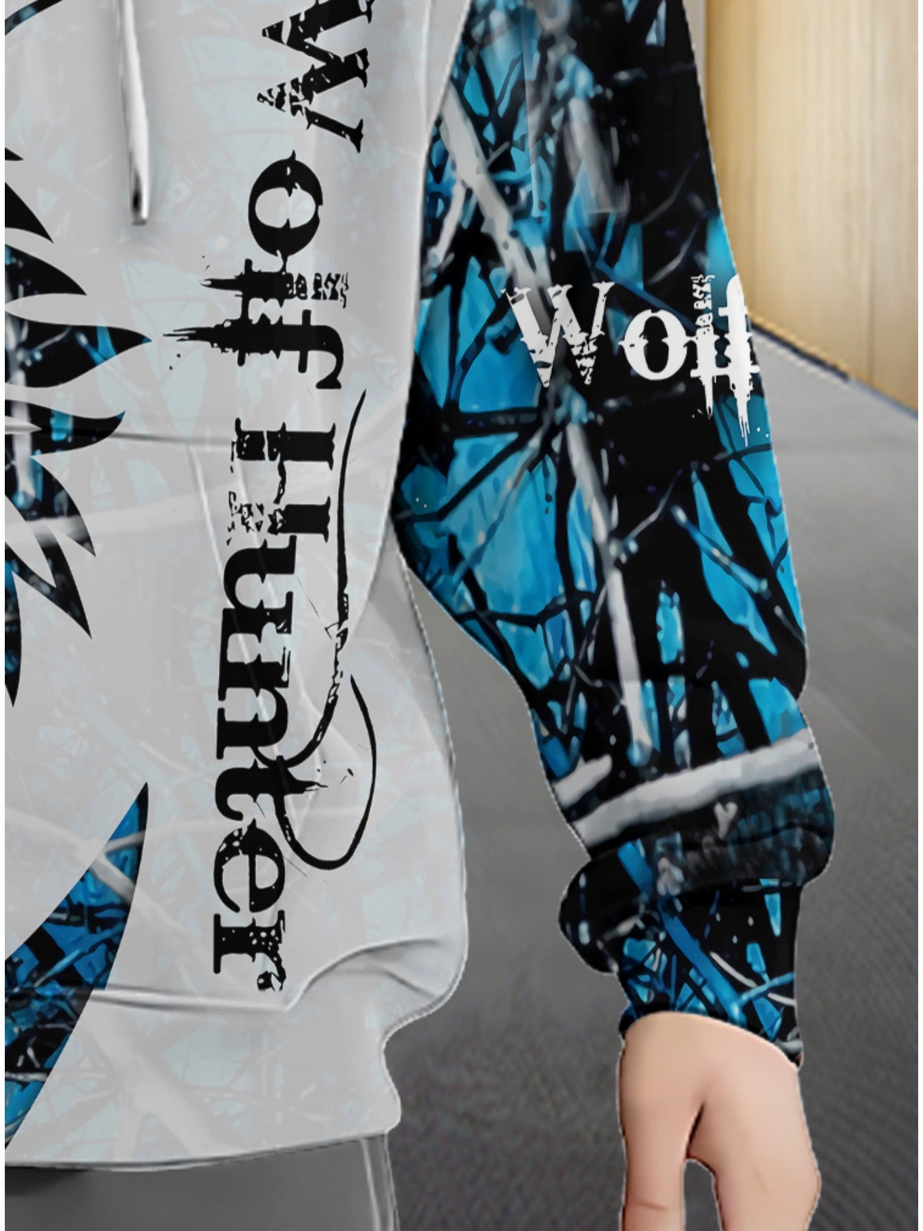 Men's Wolf Print Full-Zip Hoodie Jacket - Turquoise Blue/Black/White Winter Warm Coat with Wolf Logo, Loose Fit Casual Outdoor Sportswear, Machine Washable Full-Zipper Hooded Sweatshirt for Autumn & Cold Weather, PLUS SIZE