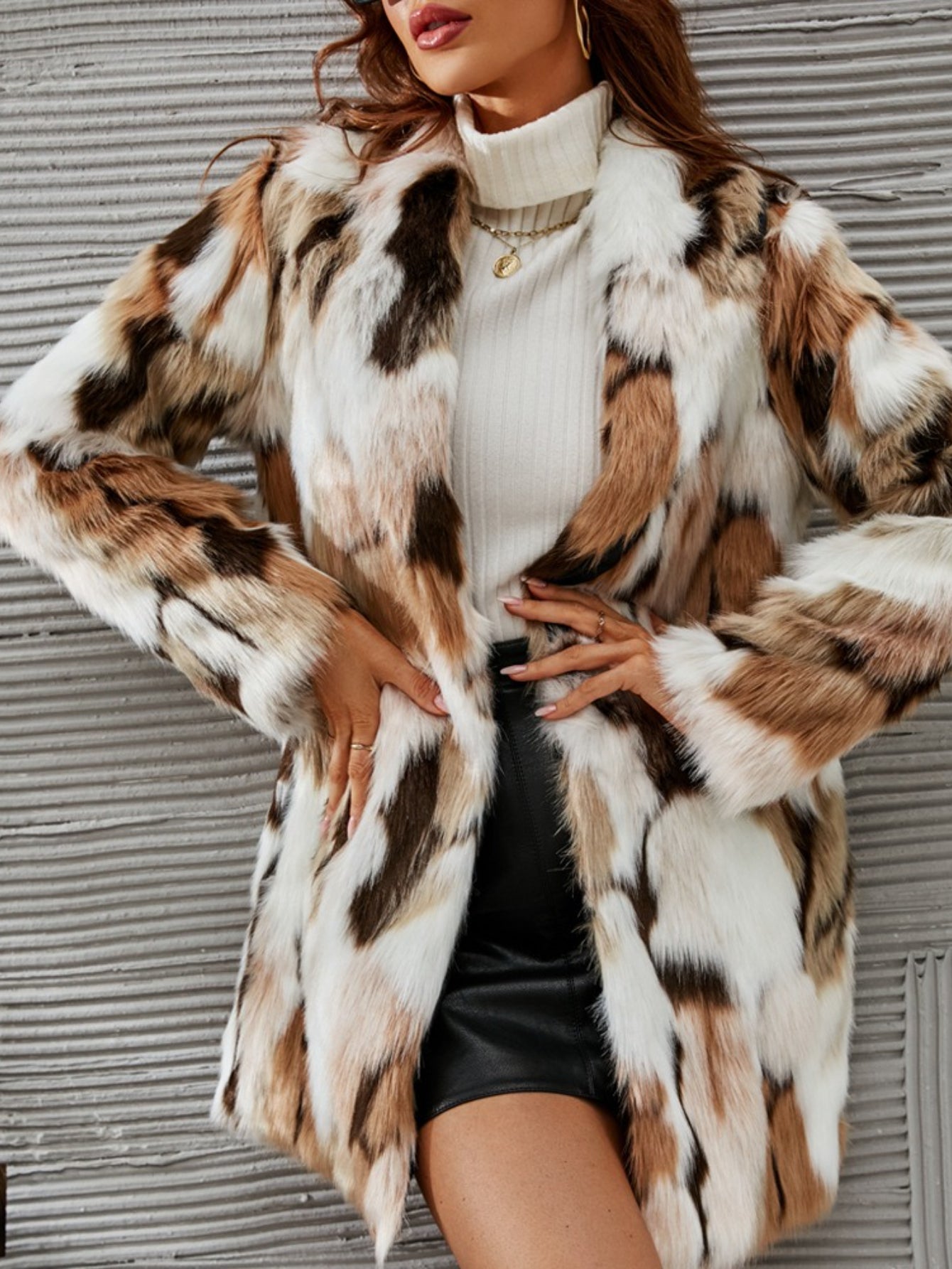 HERTALK Plush Faux Fur Coat - Mid-Length Winter Jacket with Collar & -like Sleeve Trim, White/Beige/Brown/Tan/ - Hand Washable Outerwear for Parties,, Casual (No Belt, H-Line Silhouette)