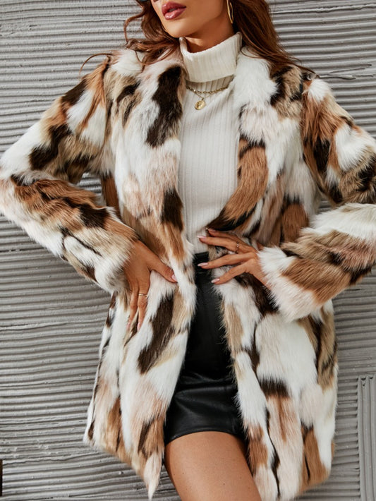 HERTALK Plush Faux Fur Coat - Mid-Length Winter Jacket with Collar & -like Sleeve Trim, White/Beige/Brown/Tan/ - Hand Washable Outerwear for Parties,, Casual (No Belt, H-Line Silhouette)