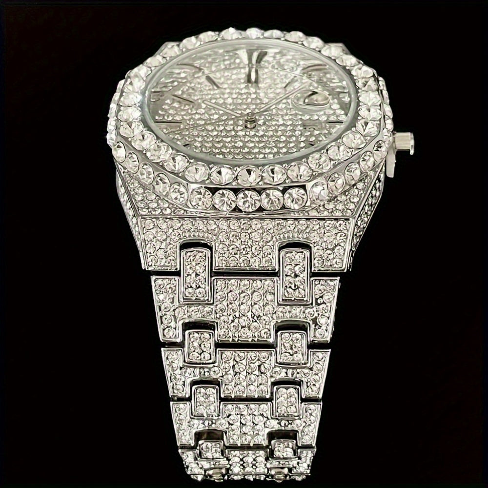 Hip Hop Ice Rhinestone Watch Men'S Fashion Date Quartz Large Dial Night Light Watch Luxury Stainless Steel Party Jewelry Men'S Watch