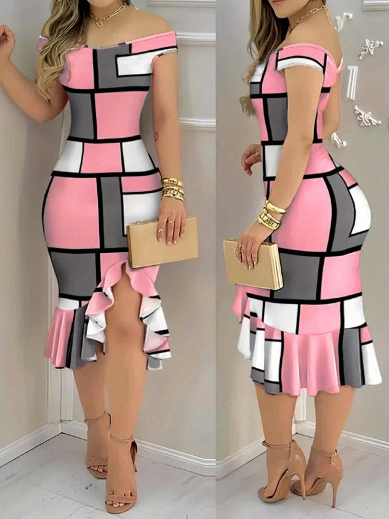 Chic Off-Shoulder Plaid Midi Dress for Women -  & Black Geometric Print, Ruffled Hem, Sleeveless A-Line Dress for Spring/Summer, Perfect for Casual or Office Wear, Spring Summer Dress | Geometric Print Dress | Polyester Fabri