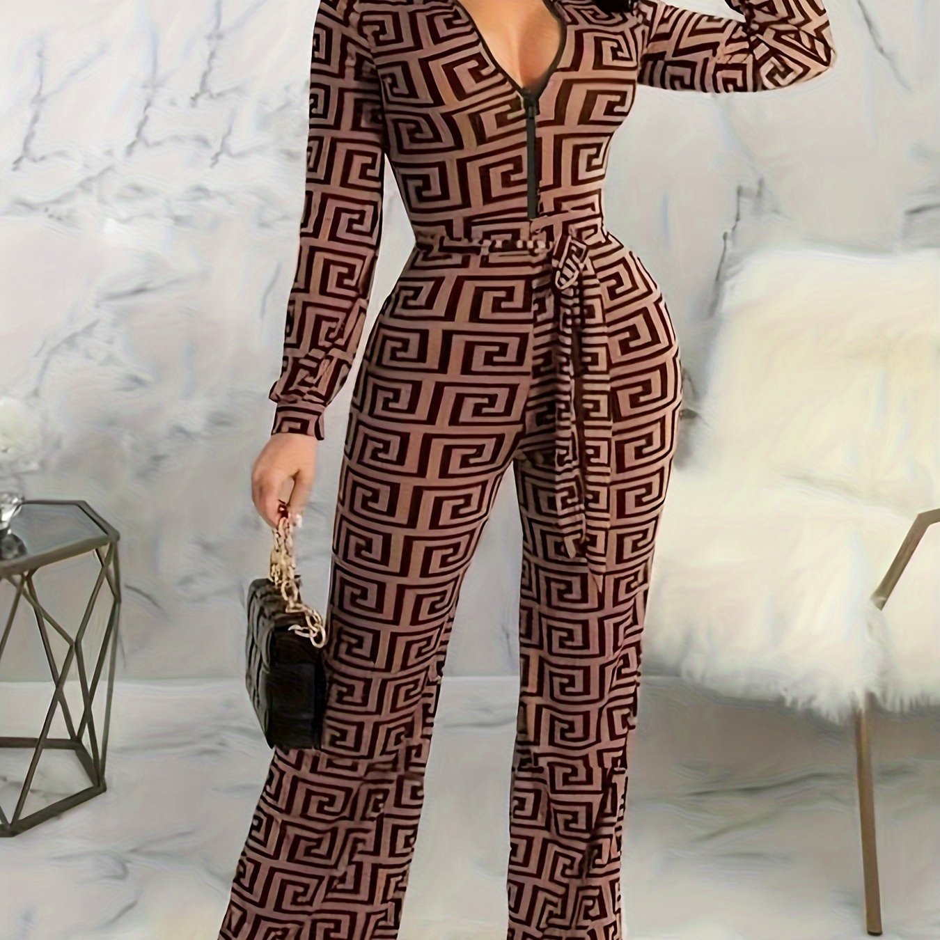 1pc Elegant Geometric-Patterned Polyester Jumpsuit for Women, Long Sleeve Stand Collar Knit Fabric One-Piece with Belt and Zipper Detail, Versatile for All Seasons