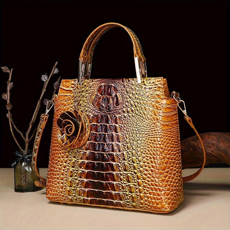 2pcs Crocodile Print Handbag Set - Fashionable Vintage Style, Multi-Functional Top Handle Crossbody, Business Clutch & Coin Purse - Spacious, Secure, Ideal for Everyday Chic