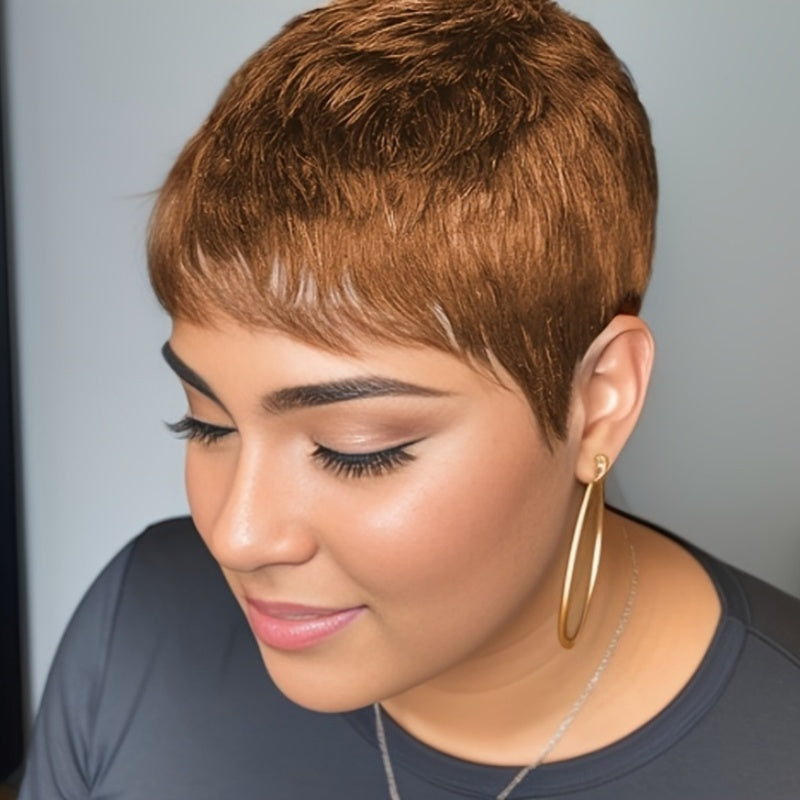 Short Pixie Cut Wigs Human Hair Glueless - Looking Full Hair Density 150% with Curly Wave Texture, No Adhesive Needed for Instant Volume, Machine-Made Wig for Sensitive Scalp - Women ( Net)