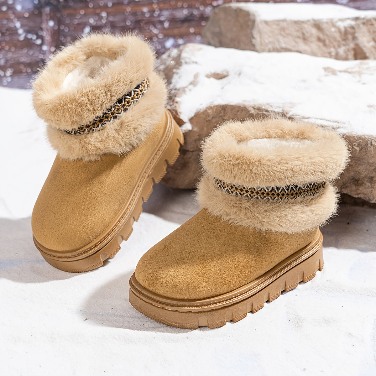 1 Pair Youngsters' Winter Snow Boots - Slip-On Mid-Calf Boots with Plush faux fur Lining, Non-Slip Rubber Sole & Breathable Fabric Upper for Boys & Girls, Casual Outdoor Hiking & Daily Wear, Winter Sports Footwear, Stylish Yo