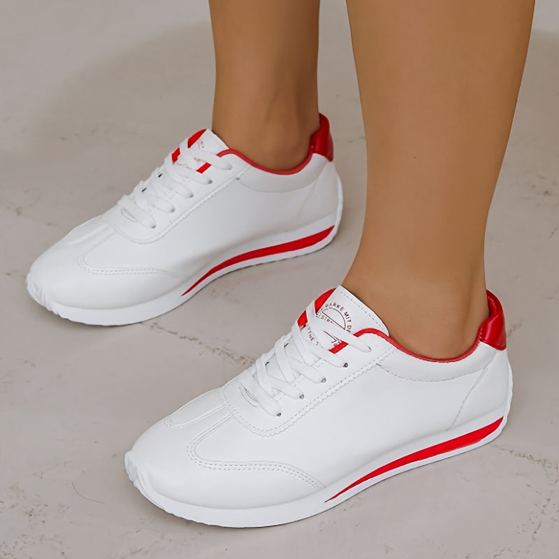 Women's Sneakers, Lace-Up Low-Top with Arch & Cushioned EVA Foam, -like Texture, White & Red Glossy Accent, All-Season Casual & Light Sports Shoes, Stylish White with Red Trim, White/Pink/Black Color Options, Korean Fashion-I