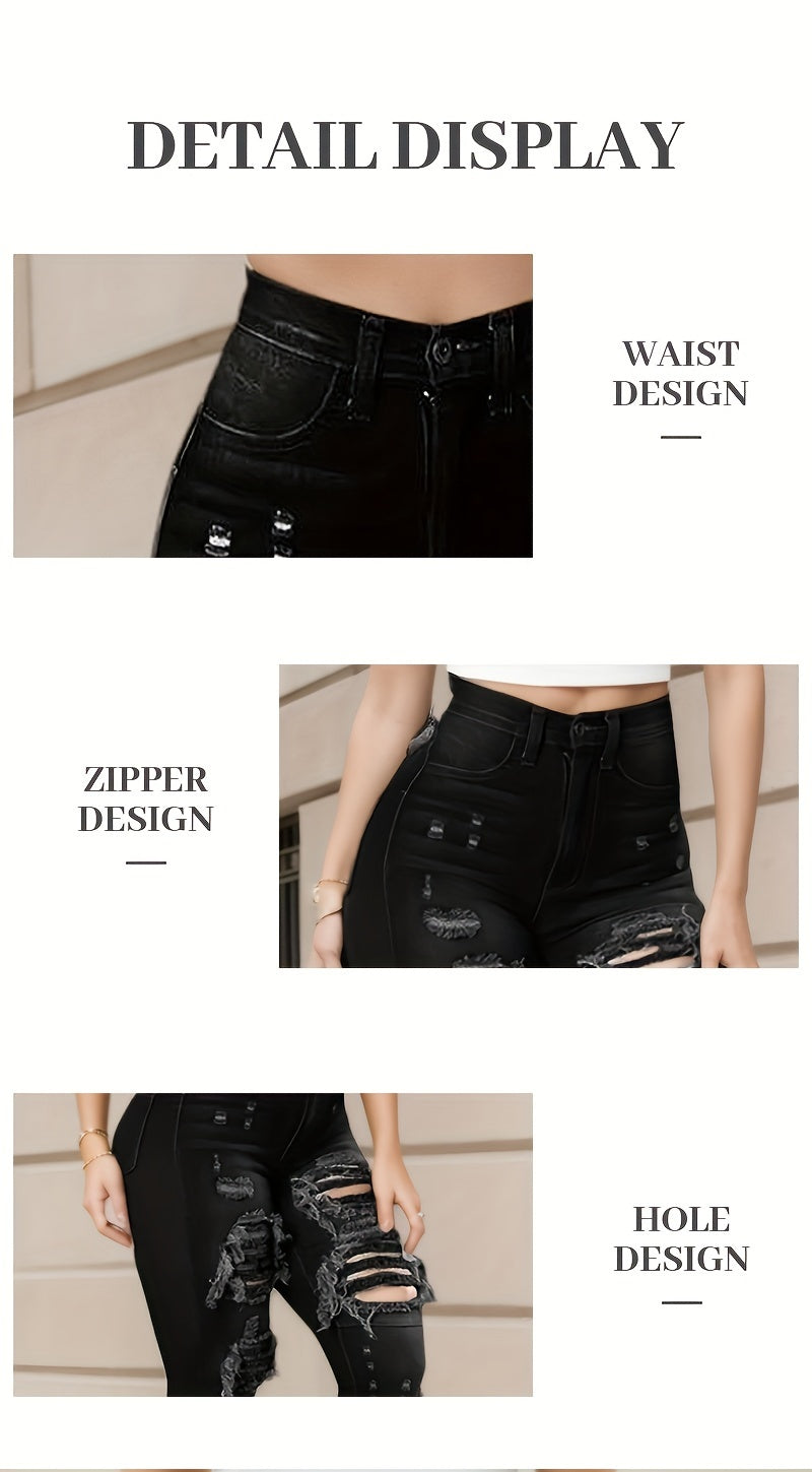 Ripped High Waisted High Stretch Tight Jeans, Comfortable Casual Jeans, Suitable For Daily Wear, Women's Jeans And Clothing