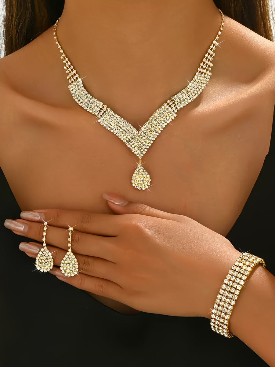 4pcs Set New Fashion Dinner Bag Sparkly Rhinestone Striped Tote Wedding Bridesmaid Bag Gala Dress Bag Shoulder Bag Wedding Season Sparkling Water Brick Necklace Earrings Bracelet Set