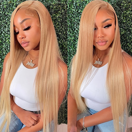 A Human Hair Lace Front Wig in Honey Blonde with 200% Density, Featuring a #27 Color, Straight Style, And a 13X4 HD Transparent Design. This Glueless Wig Comes Pre-Plucked with Baby Hair, Perfect for Women
