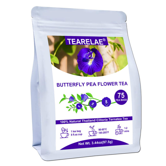 TEARELAE Butterfly Pea Flower Tea Bags - 3.44oz, 75-Count | Natural & Hypoallergenic for Food, Baking & Iced Tea | Magic Color Changing from Blue to Purple | Easy Brew & Share with Family & Friends