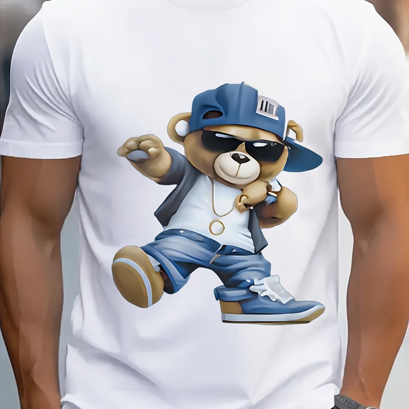 Men's Graphic T-Shirt - Soft Breathable Pure Cotton Tee with Hip-Hop Bear, Non-Transparent Fabric for Everyday Casual & Party Wear - All-Season Streetwear Essential, Summer Outfit, Playful Design, Comfortable Fit, Short Sleev