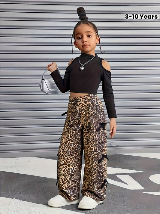 Girls' Leopard Print Wide-Leg Pants - High-Stretch Casual Loose Fit Long Trousers with Elastic Waistband, All-Season Comfort for Casual Attire, Leopard Print Pants, Comfortable Clothing, Trendy Youth Fashion, Durable Fabric,
