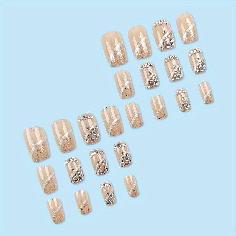 24pcs Square Press on Nails Rhinestone Fake Nails Glossy Nude Glue on Nails Full Cover False Nails Reusable Acrylic Nail Kit Cute Artificial Stick on Nails for Women DIY Manicure Decorations