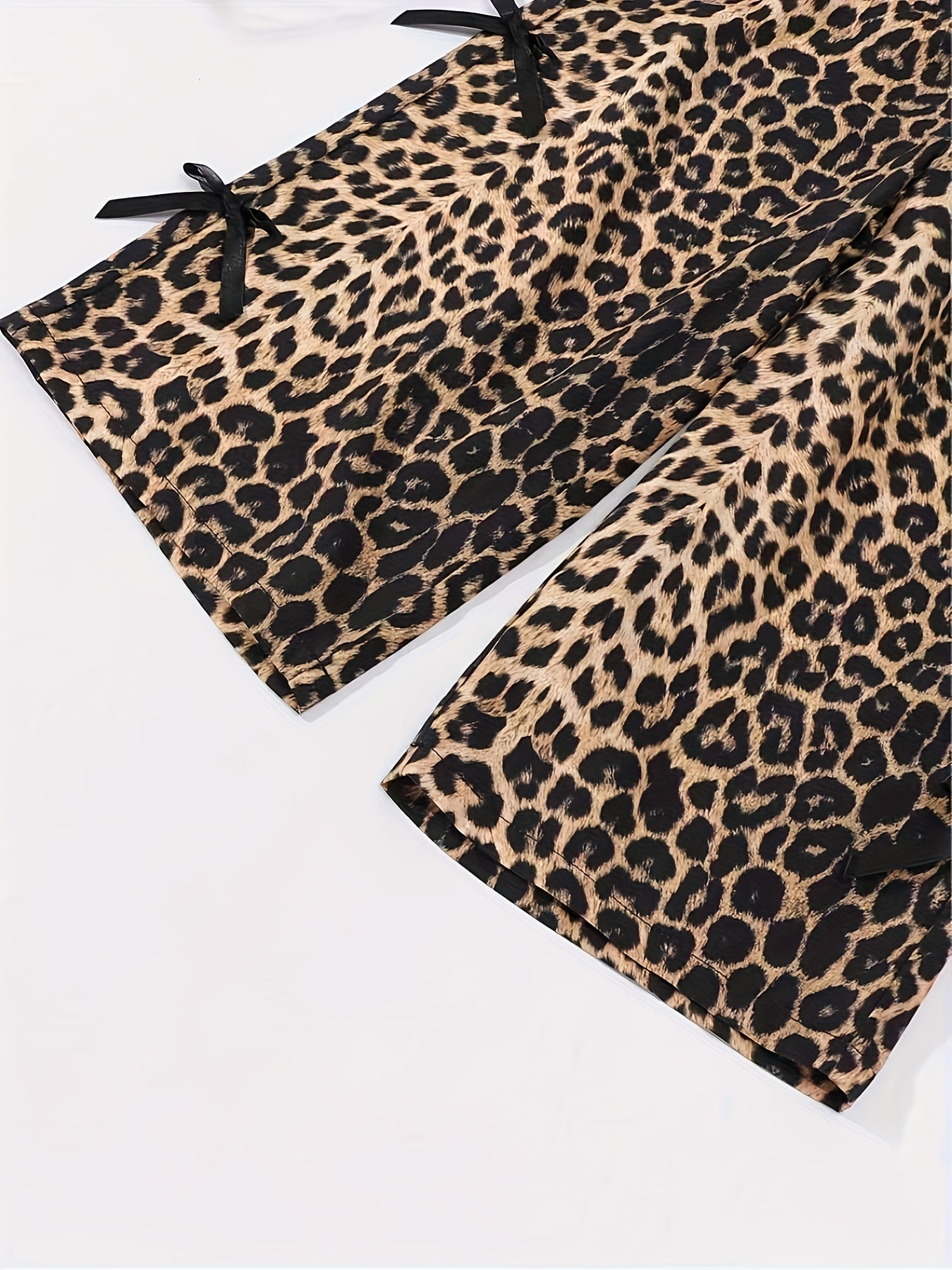 Girls' Leopard Print Wide-Leg Pants - High-Stretch Casual Loose Fit Long Trousers with Elastic Waistband, All-Season Comfort for Casual Attire, Leopard Print Pants, Comfortable Clothing, Trendy Youth Fashion, Durable Fabric,