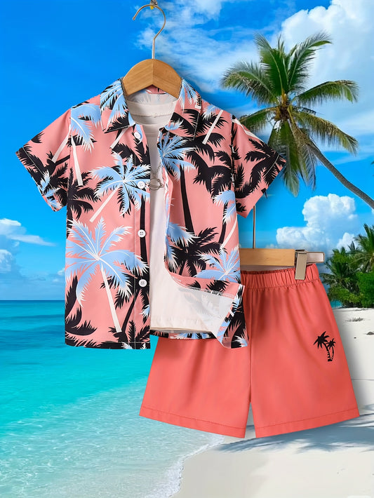 1set (2pcs)-Boys' Summer Outfit: Short - Sleeve Hawaiian - Style Shirt with Palm - Tree Print And Matching Coral - Colored Shorts, Perfect for Outdoor