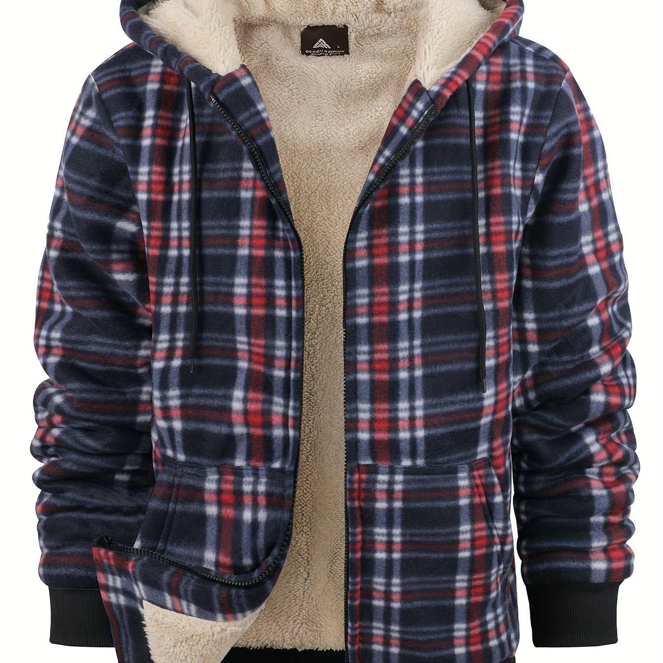 Men's Heavyweight Fleece Hooded Jacket - Full-Zip Sherpa Lining, Thick Winter Coat with Plaid Pattern (Blue/Black/Beige/Brown), Zippered Pockets, Hand Washable, Casual Outerwear for Cold Weather & Everyday Use - Ideal for Ski