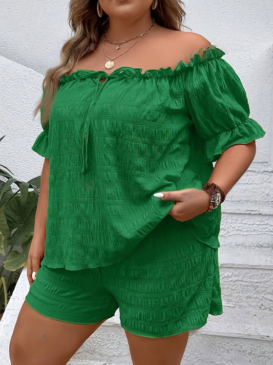 Plus Size - Plus Size Solid Textured Two-piece Set, Off Shoulder Lettuce Trim Short Sleeve Top & Shorts Outfits, Women'S Plus Size Clothing